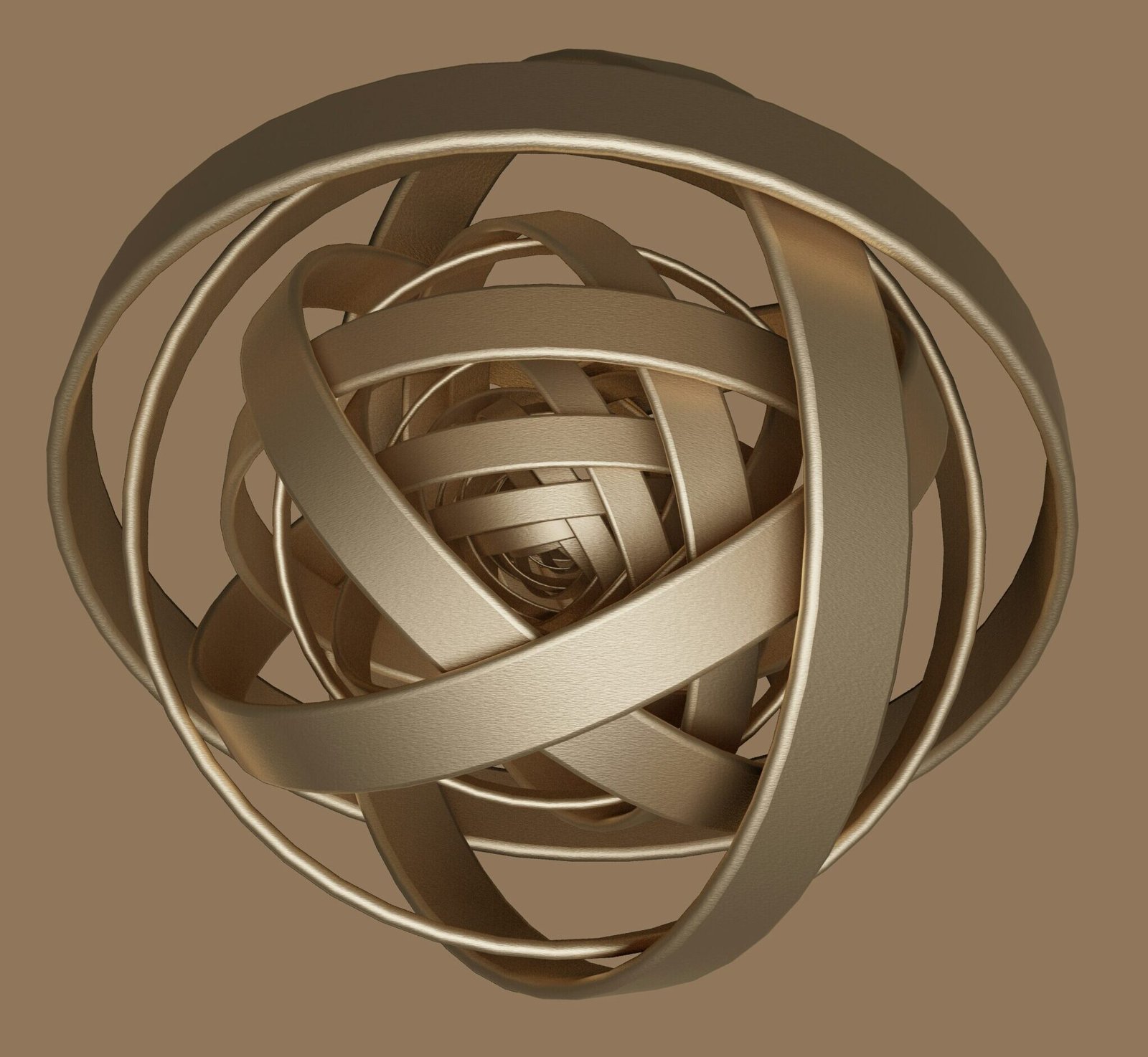 Intricate gold spherical sculpture with woven bands